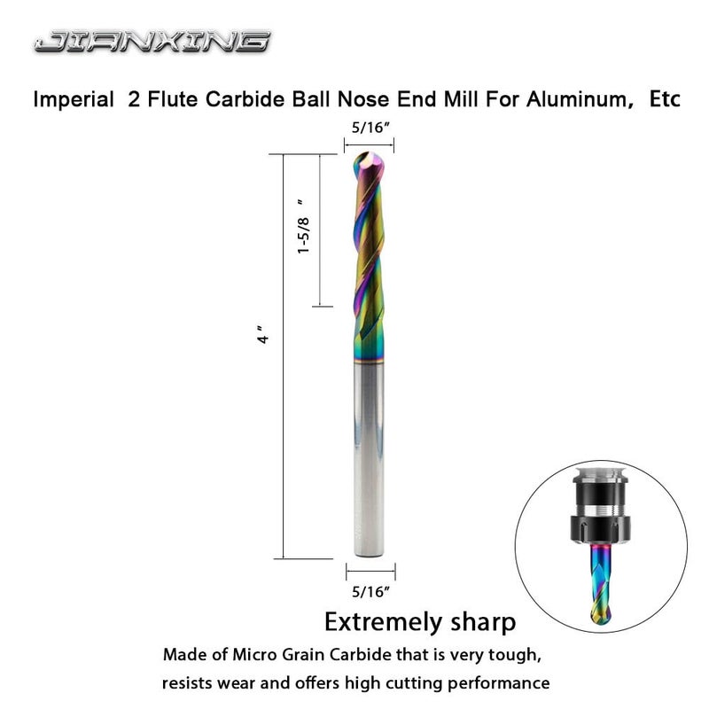 JIANXING 5/16" Extra Long DLC Coated 2-Flute Carbide Ball Nose End Mill, Ideal for Aluminum, Copper Alloys, and Plastic Machining – High Precision & Wear-Resistant Cutting Tool (1 Pieces) - Image 2